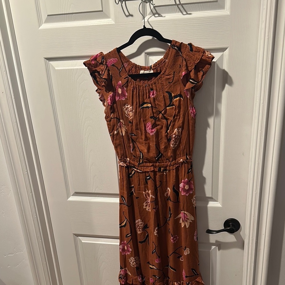 Universal Thread Brown Midi Dress with Pink Floral Design